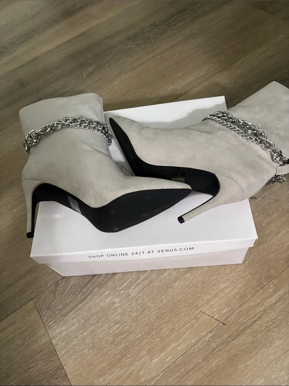VENUS Taupe Suede Over-the-Knee Pointed Stiletto Boots with Silver Chain
